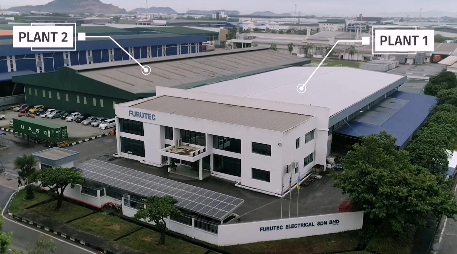 Aerial view of the Furutec Manufacturing Plant in Bukit Minyak, Penang showing Plant 1 and Plant 2 buildings